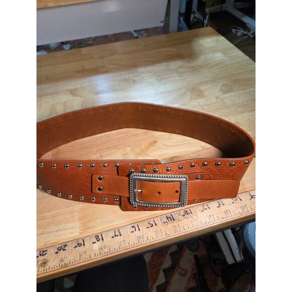 Calvin Klein Brown Genuine Leather Studded Belt Silver Toned Hardware 38" - Picture 2 of 9